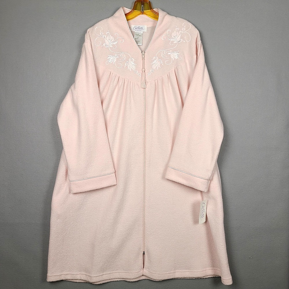 Collette Miss Elaine LARGE Long Robe Housecoat Pink Embroidered Full Zip NEW tag